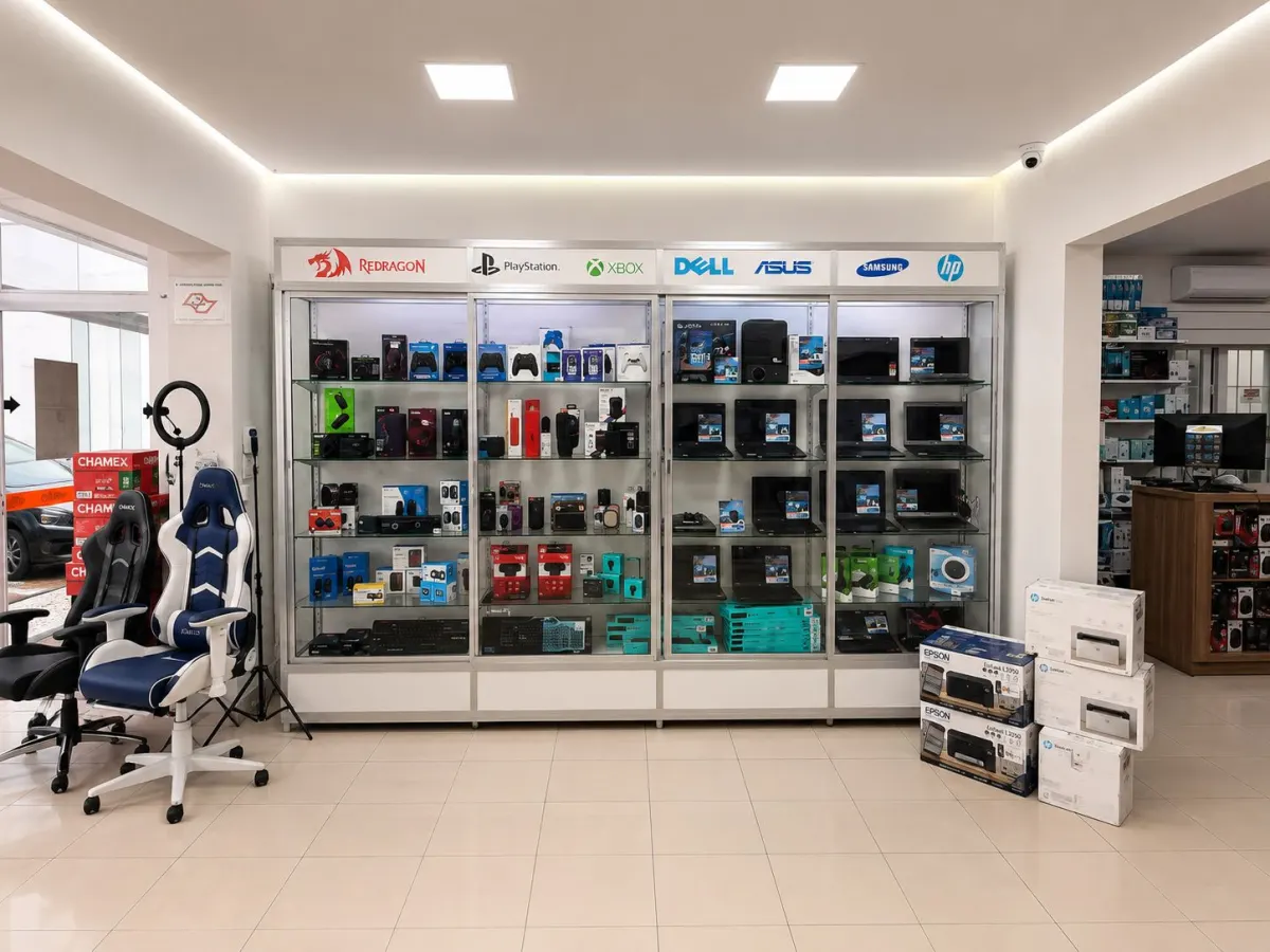 Estoque e vitrine de produtos da Fênix Informática